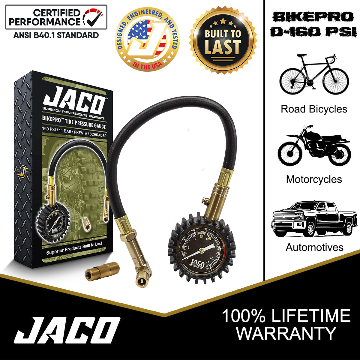 JACO BikePro™ Presta Tire Pressure Gauge - 160 PSI | Presta & Schrader (Hybrid/Road Bikes)